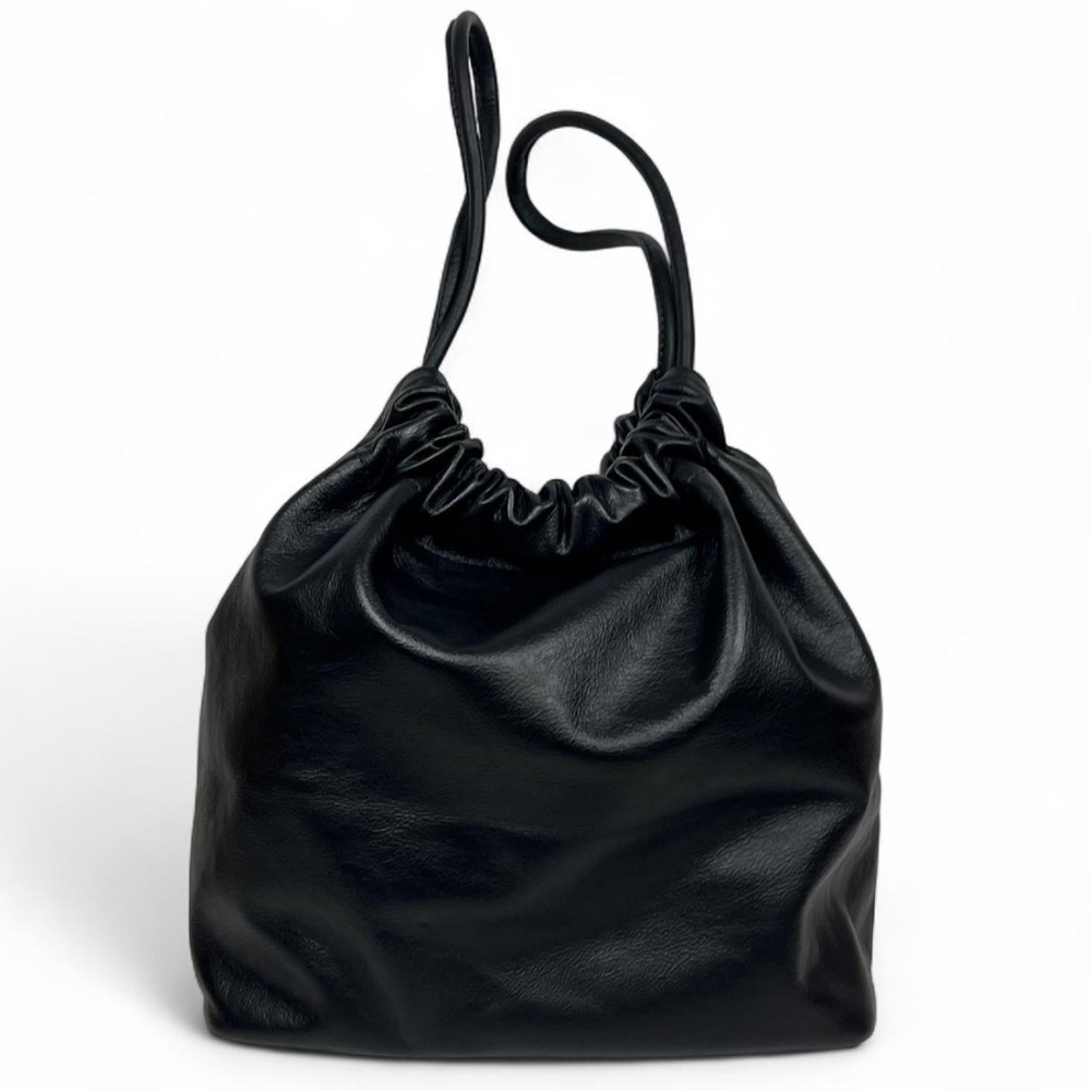 Beklina Leather Bucket Drawstring Shoulder Bag Braided Strap / Wristlet in Black